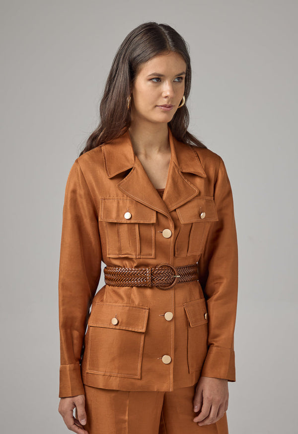 Choice Multi Front Flap Pocket Solid Jacket  Caramel