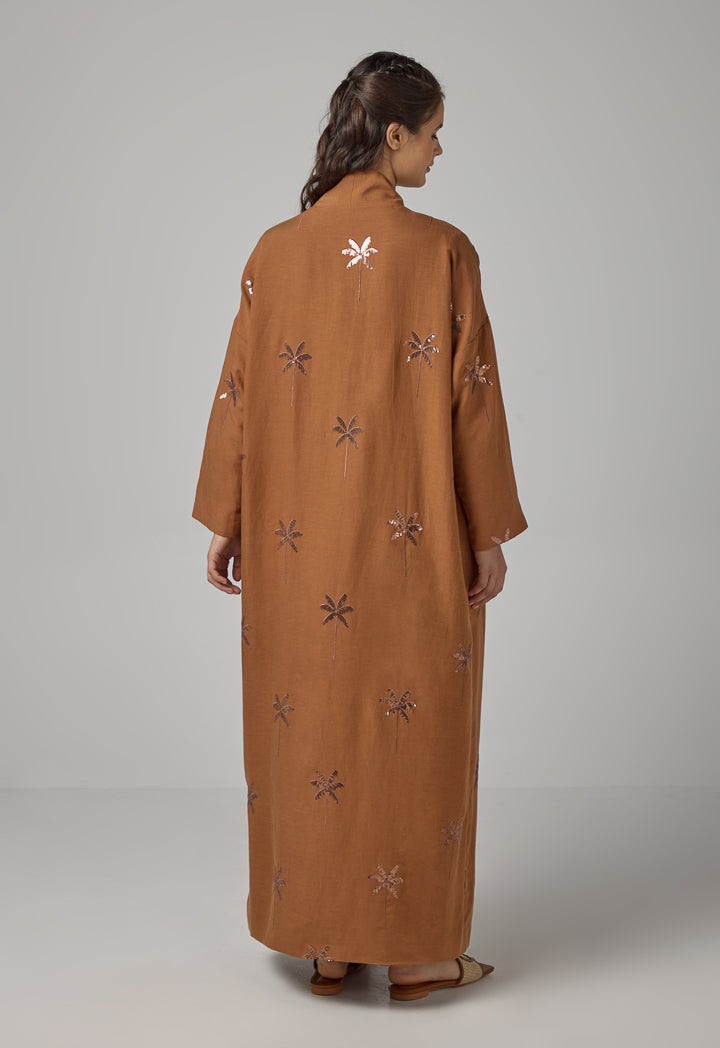 Choice Embroidered Sequin Maxi Abaya   Caramel