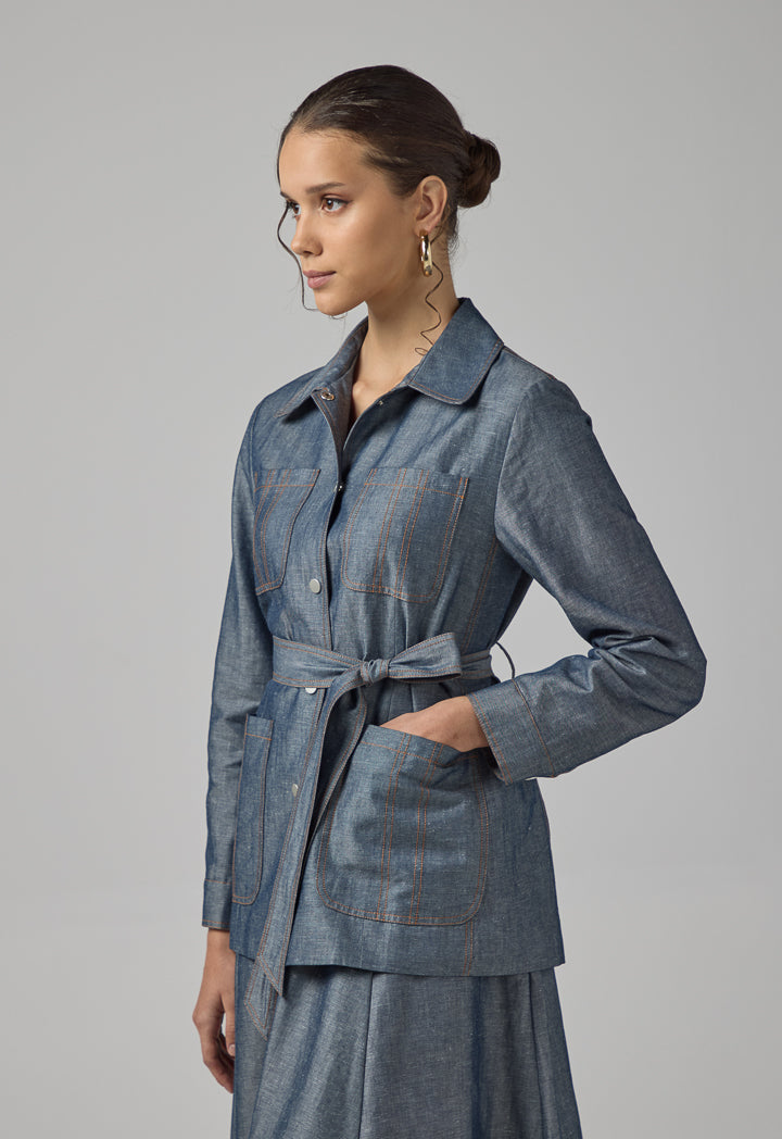 Choice Multi Front Pocket Coat With Belt Indigo