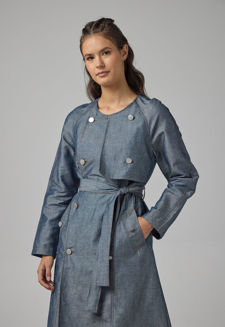 Choice Multi Front Pocket Coat With Belt Indigo