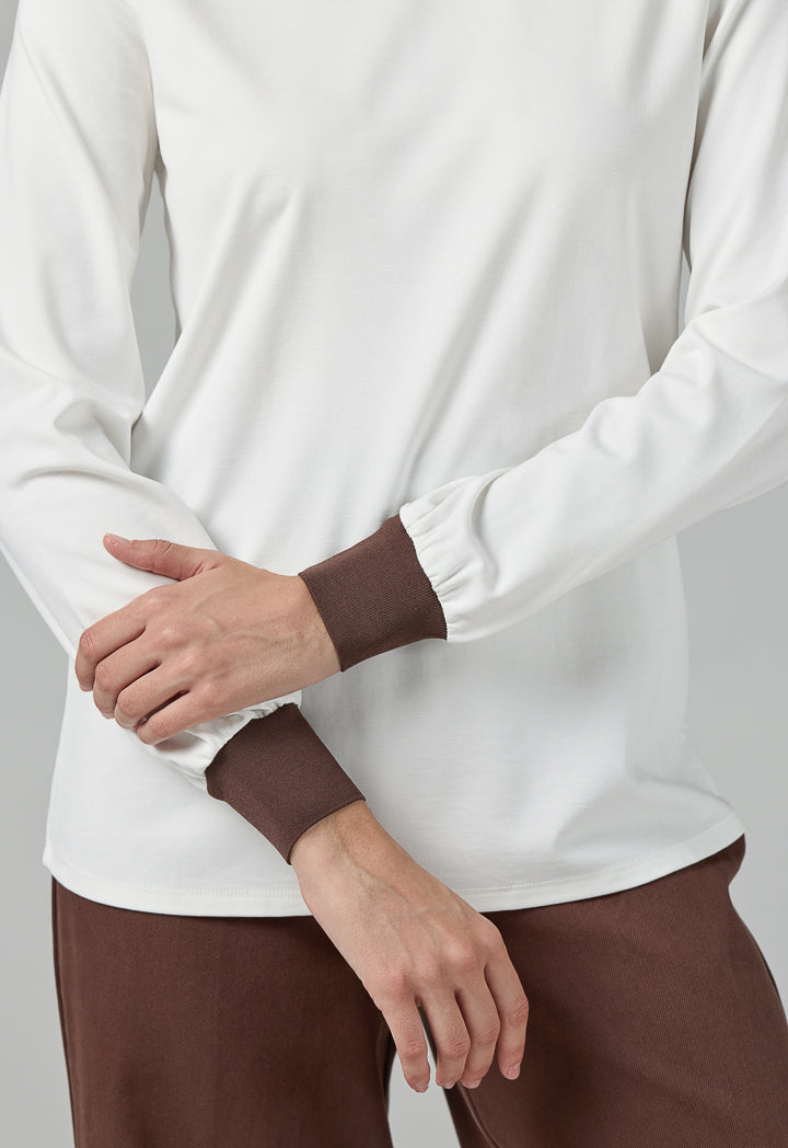 Choice Contrast Long Sleeve Blouse Off White