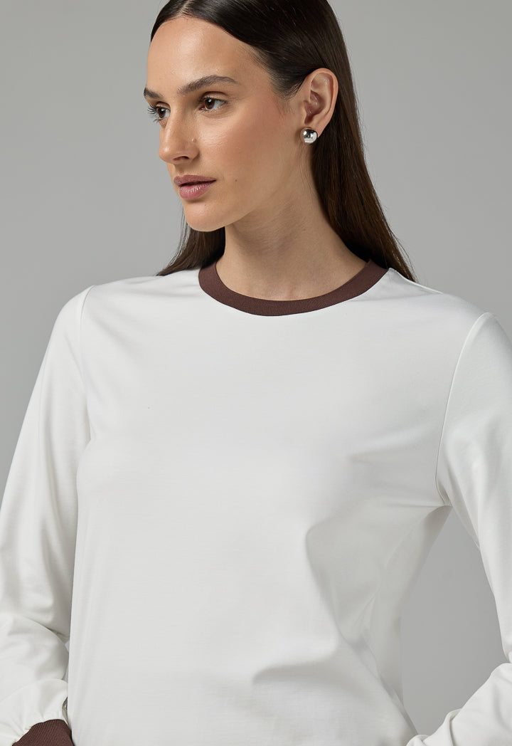 Choice Contrast Long Sleeve Blouse Off White
