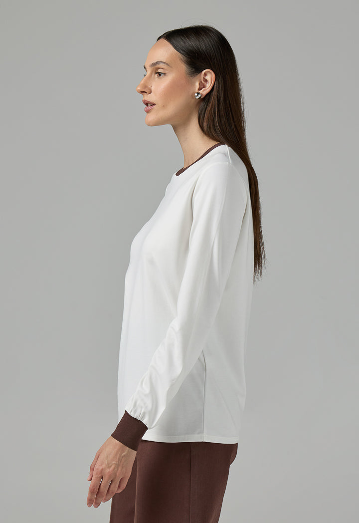Choice Contrast Long Sleeve Blouse Off White