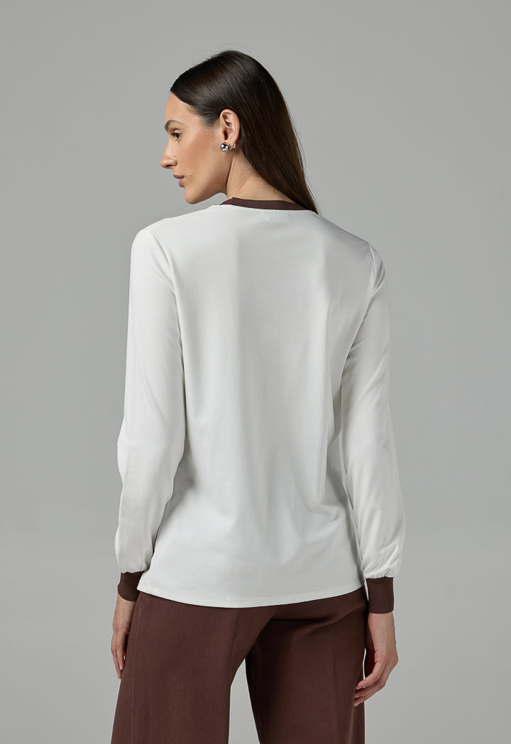 Choice Contrast Long Sleeve Blouse Off White