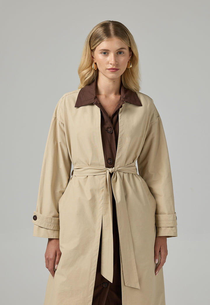 Choice Contrast Maxi Belted Jacket Beige