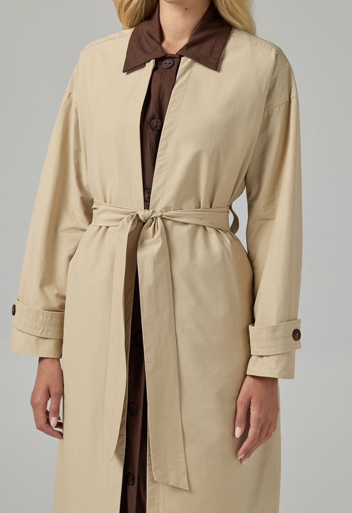 Choice Contrast Maxi Belted Jacket Beige