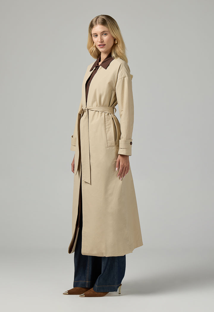 Choice Contrast Maxi Belted Jacket Beige