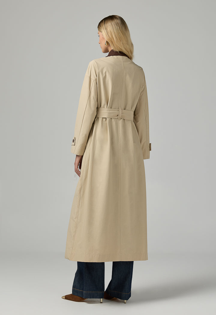Choice Contrast Maxi Belted Jacket Beige