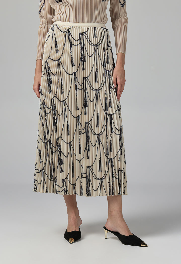 Choice All Over Printed Pleated Skirt Beige
