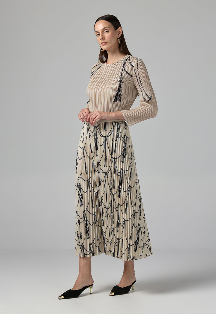 Choice All Over Printed Pleated Skirt Beige