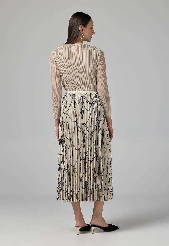 Choice All Over Printed Pleated Skirt Beige