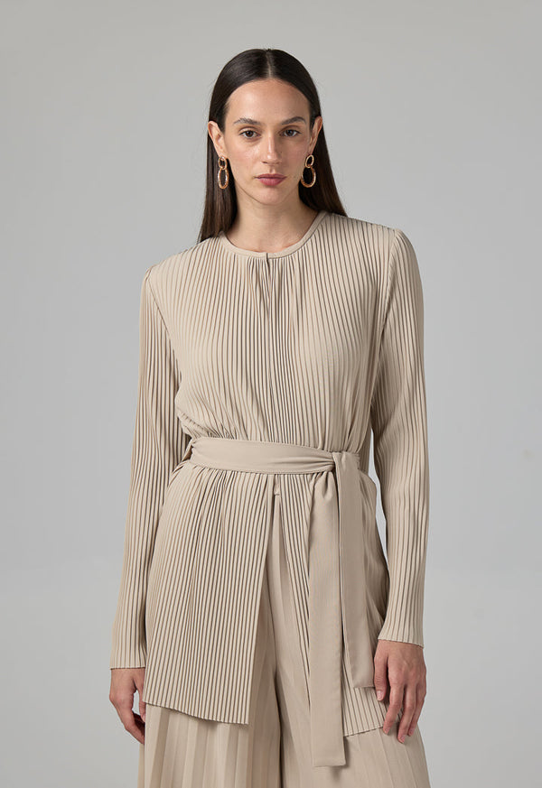Choice Solid Pleated Belted Jacket Beige
