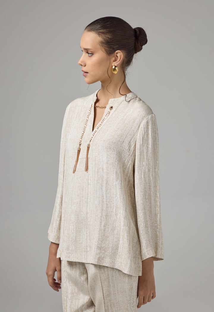 Choice Long Sleeve Blouse With Detachable Chain Beige