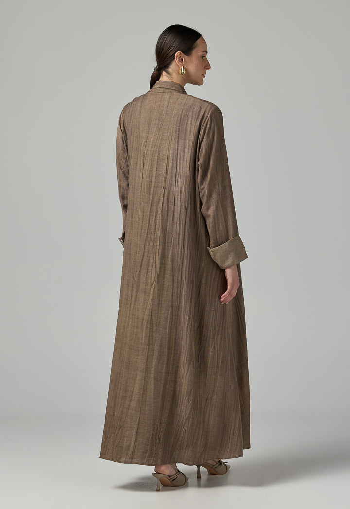 Choice Long Sleeves Crinkled Maxi Open Abaya With Hijab (2Pcs) Brown