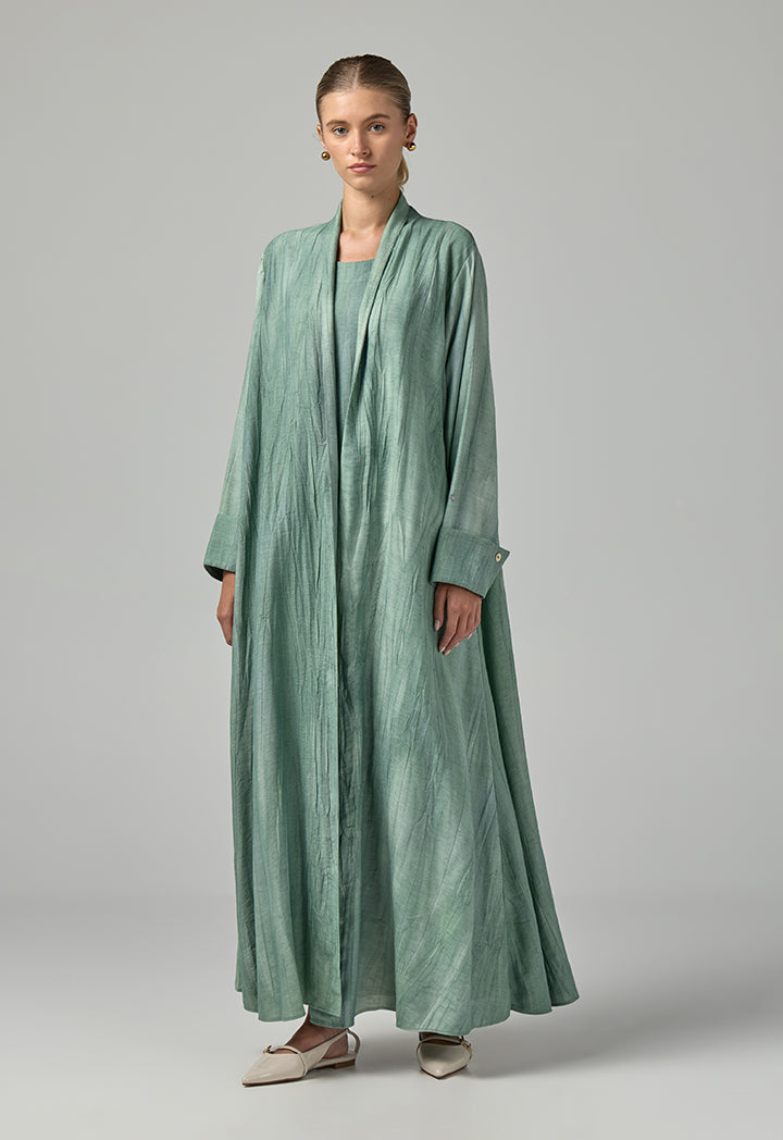 Choice Long Sleeves Crinkled Maxi Open Abaya With Hijab (2Pcs) Green