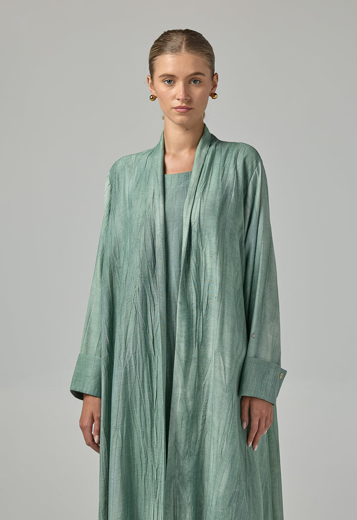 Choice Long Sleeves Crinkled Maxi Open Abaya With Hijab (2Pcs) Green