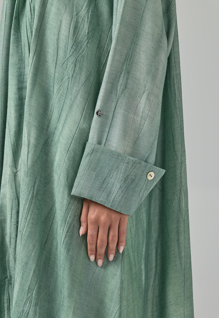 Choice Long Sleeves Crinkled Maxi Open Abaya With Hijab (2Pcs) Green