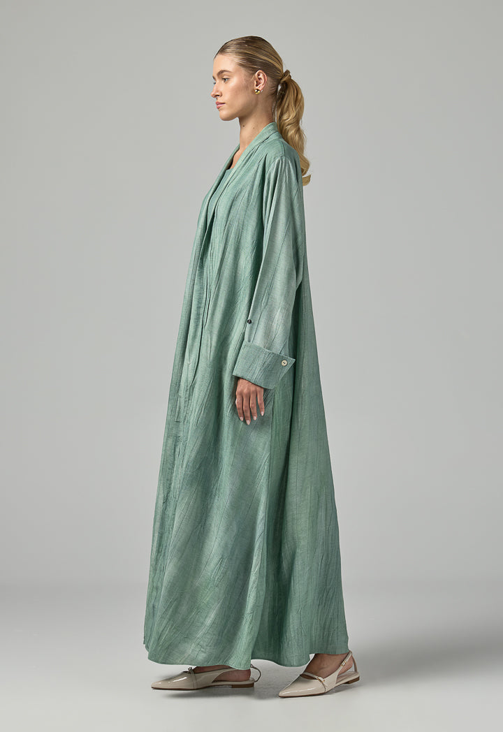 Choice Long Sleeves Crinkled Maxi Open Abaya With Hijab (2Pcs) Green