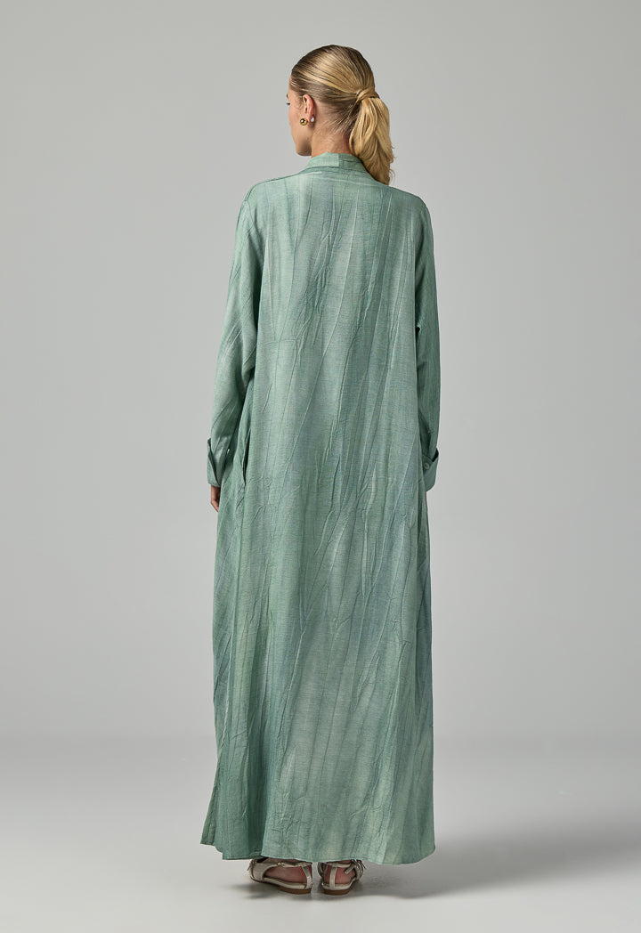 Choice Long Sleeves Crinkled Maxi Open Abaya With Hijab (2Pcs) Green