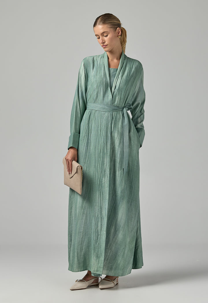 Choice Long Sleeves Crinkled Maxi Open Abaya With Hijab (2Pcs) Green