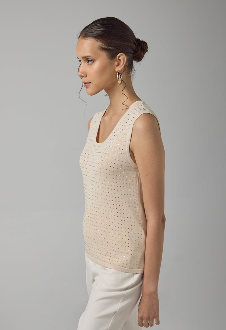 Choice Sleeveless Crystal Embellished Knitted Top Beige