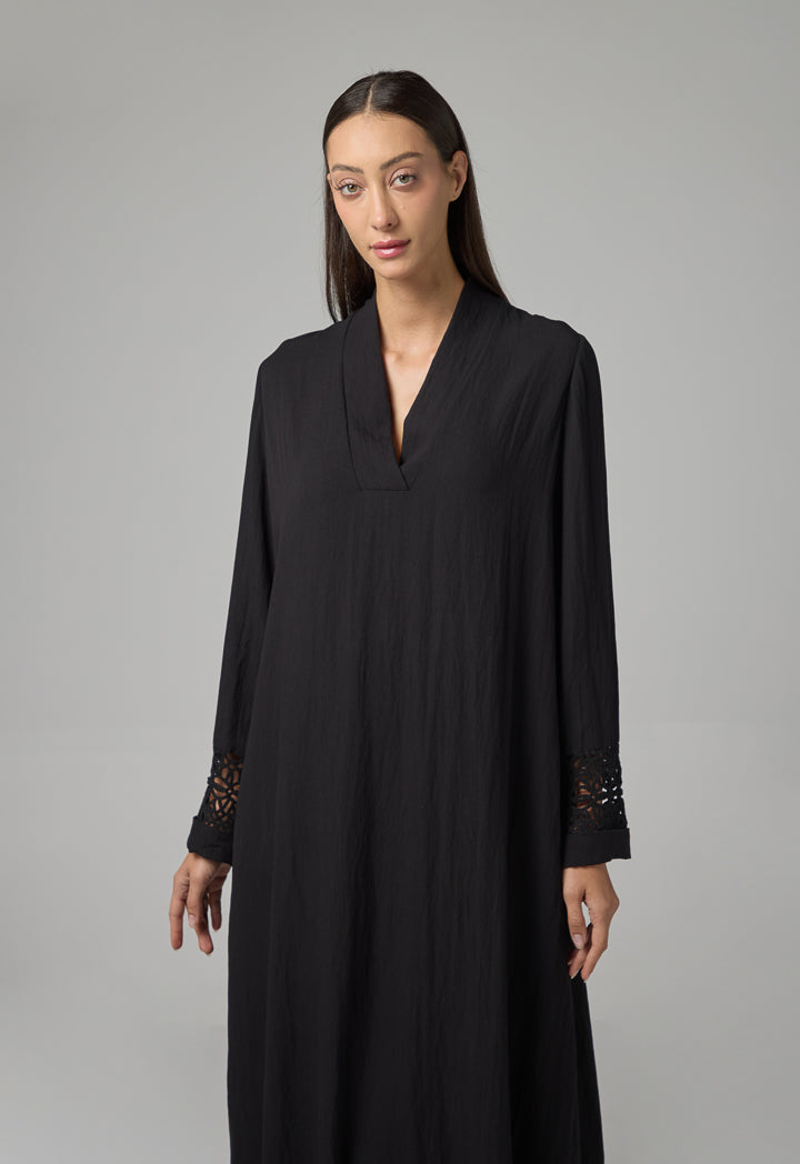 Choice Solid Long Sleeve Flared Dress Black