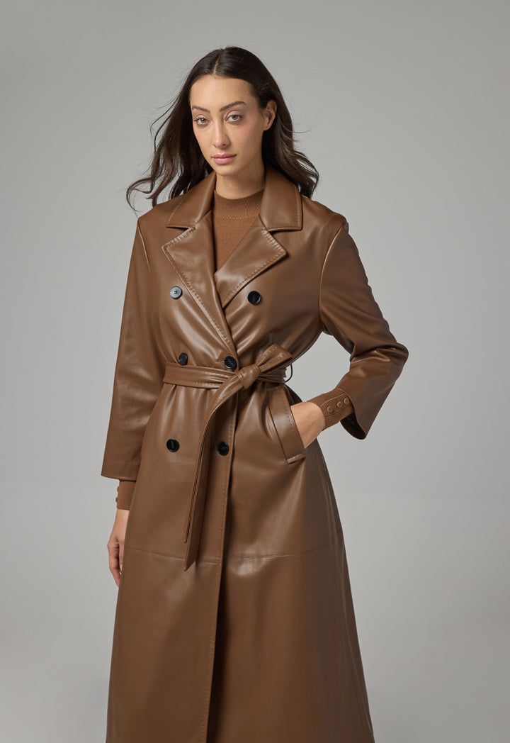 Choice Pu Leather Belted Maxi Trench Coat Brown