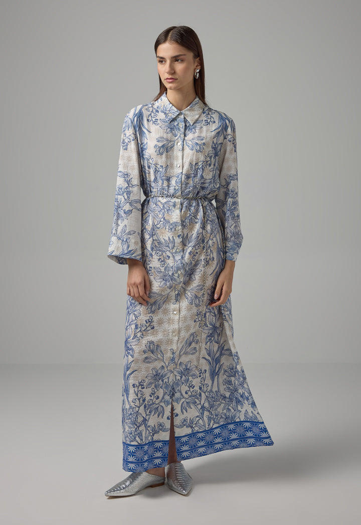 Choice Floral Printed Belted Shirt Dress Blue