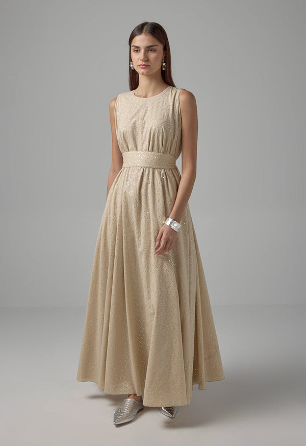 Choice Sequin Embellished Belted Maxi Dress Beige