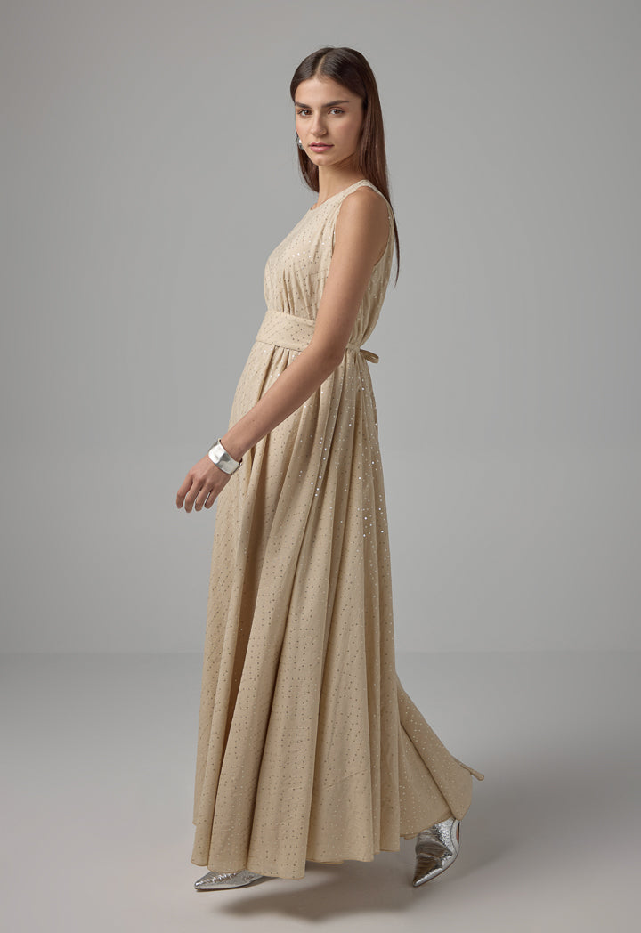 Choice Sequin Embellished Belted Maxi Dress Beige