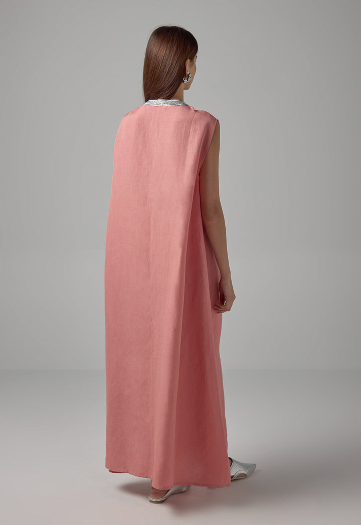 Choice Sleeveless Flared Lurex Kaftan Dress Salmon