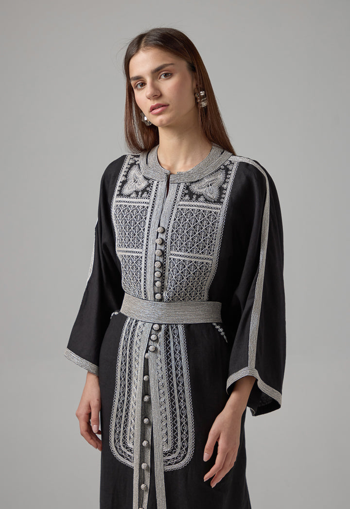 Choice Lurex Embroidered Flared Belted Abaya Black