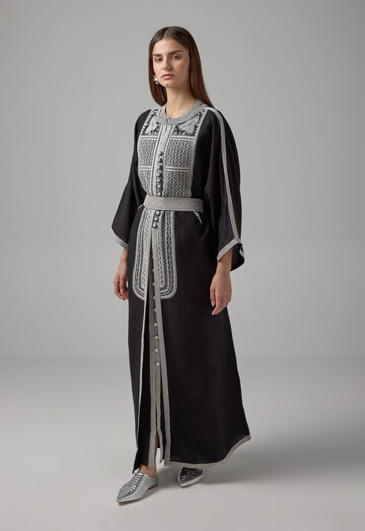 Choice Lurex Embroidered Flared Belted Abaya Black