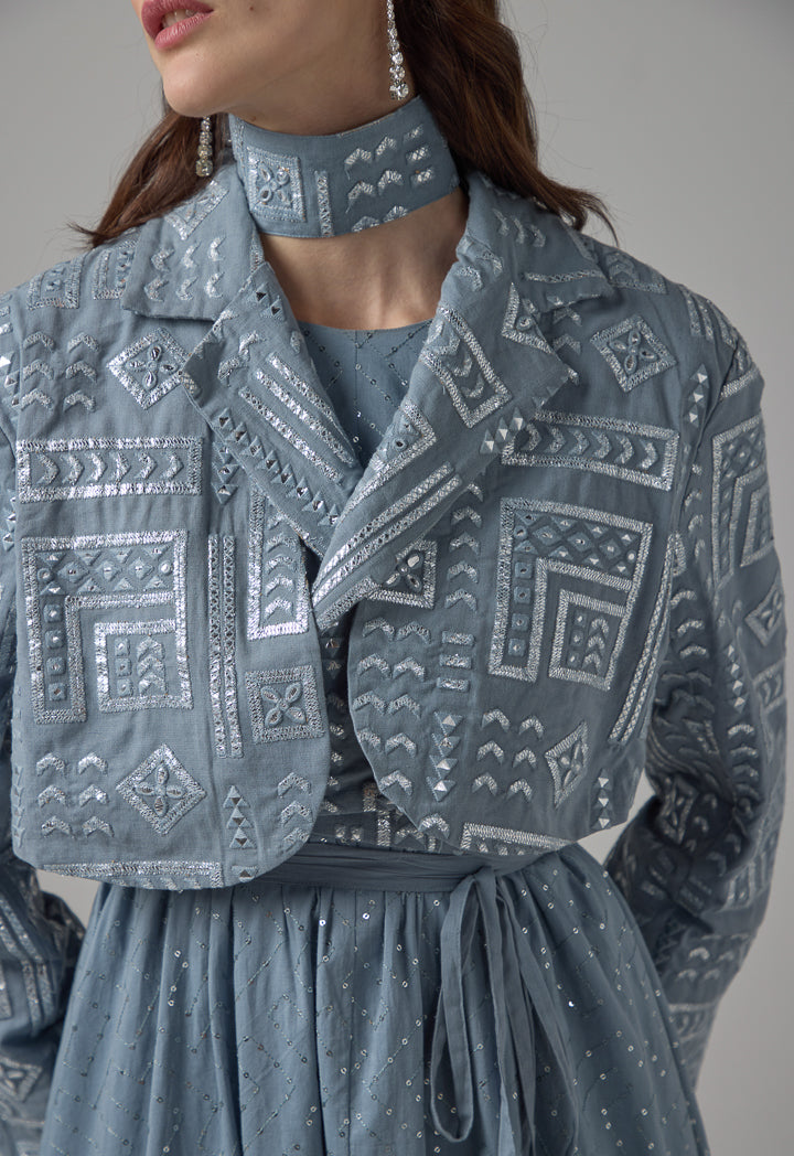 Choice Long Sleeve Mirror Embroidered Cropped Jacket Blue