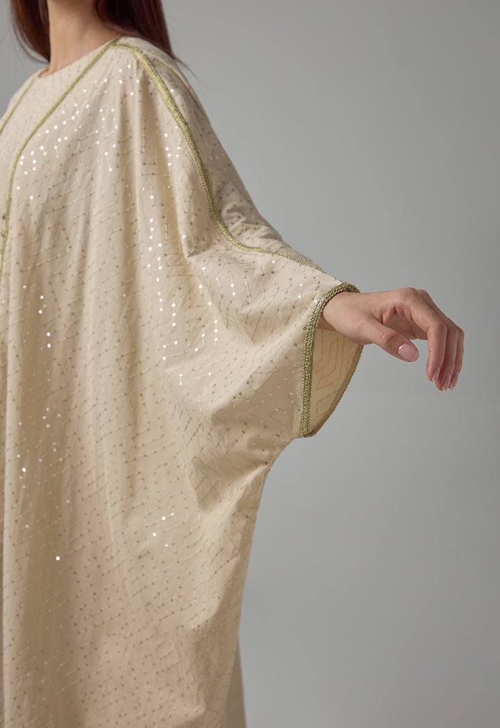 Choice Oversized Belted Sequin Maxi Abaya Beige