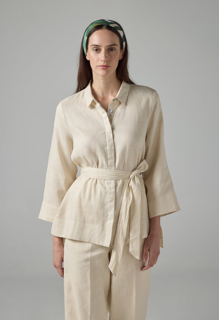 Choice Solid Long Sleeve Belted Shirt Beige