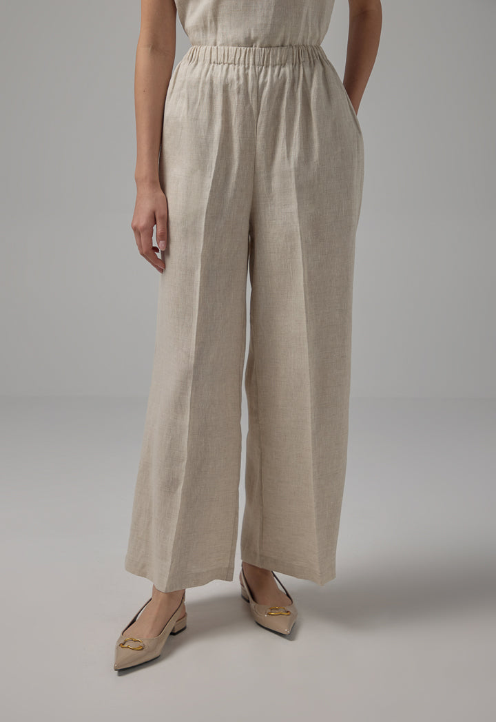 Choice Solid Linen Wide Leg Trousers Beige