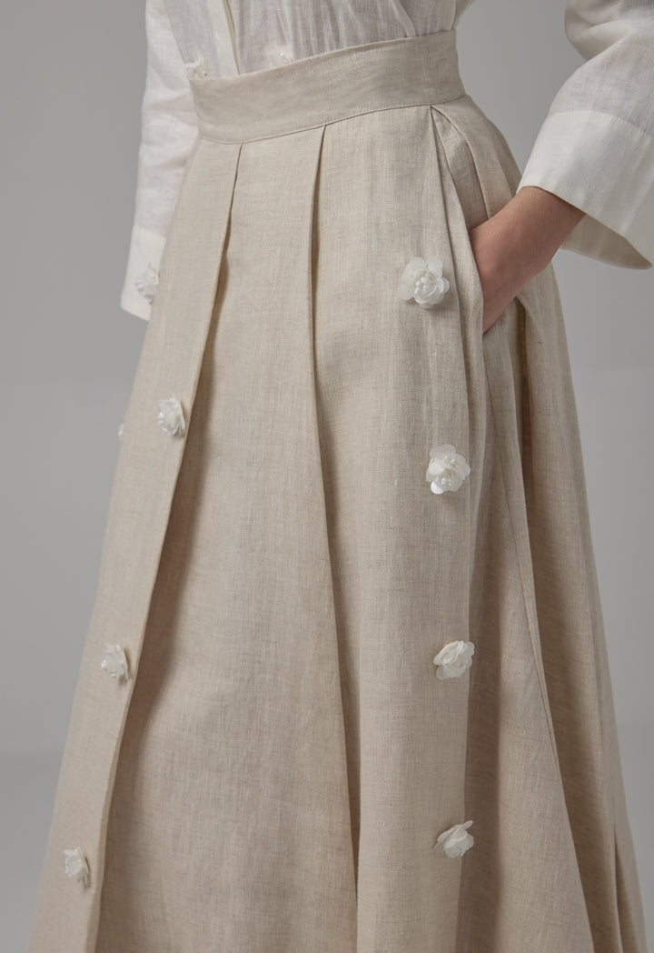 Choice Flared Linen Pleated Skirt Beige