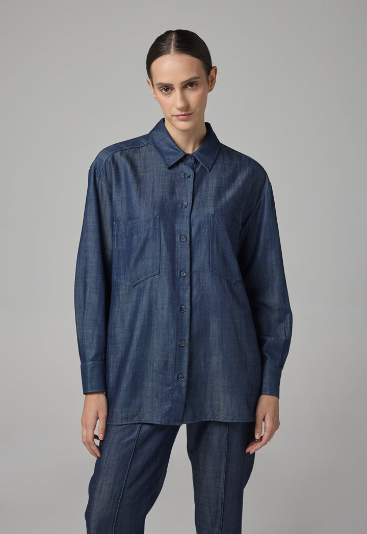 Choice Back Print Denim Shirt Blue