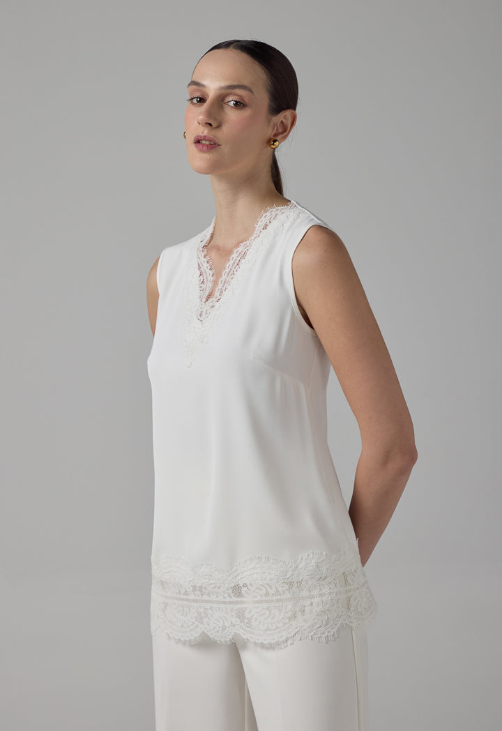 Choice Solid Sleeveless Lace Detail Top Off White