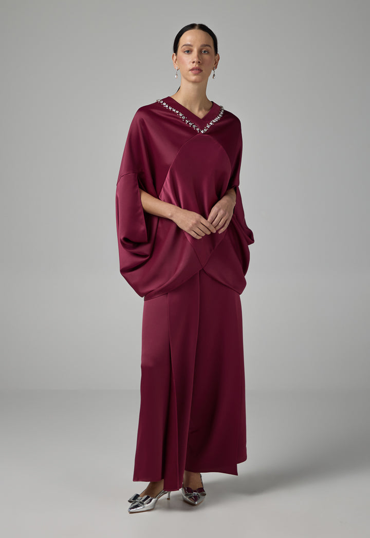 Choice Solid Crystal Embellished Cape Blouse Burgundy
