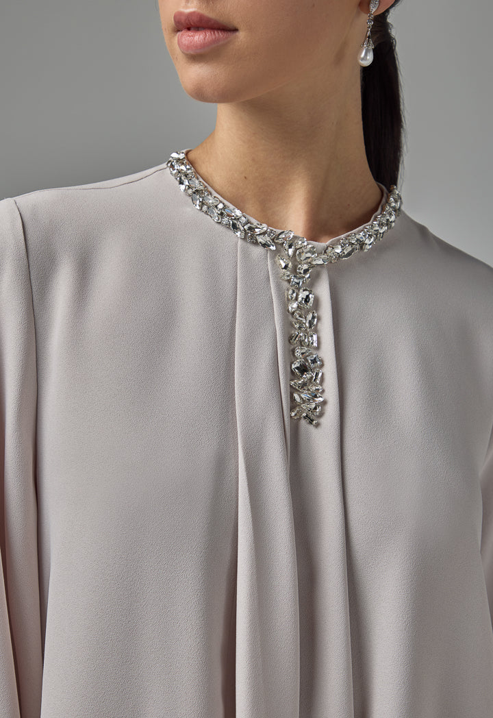 Choice Solid Crystal Embellished Blouse Beige