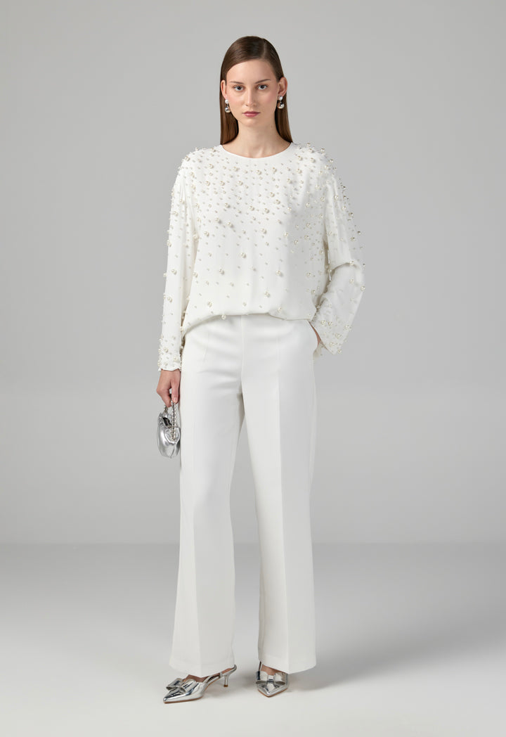 Choice Solid Pearl Embellished Blouse Off White