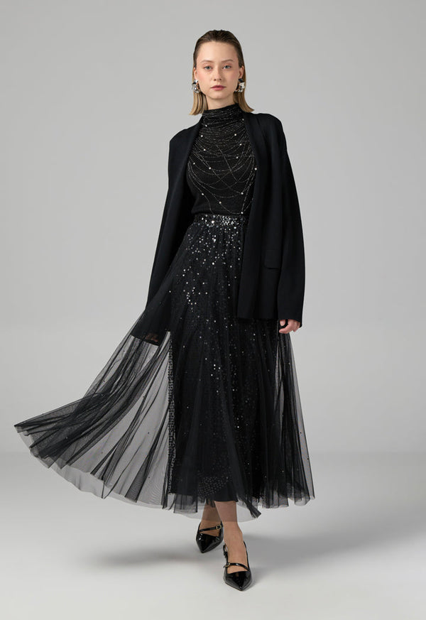 Choice Sequins Mesh Flared Skirt Black