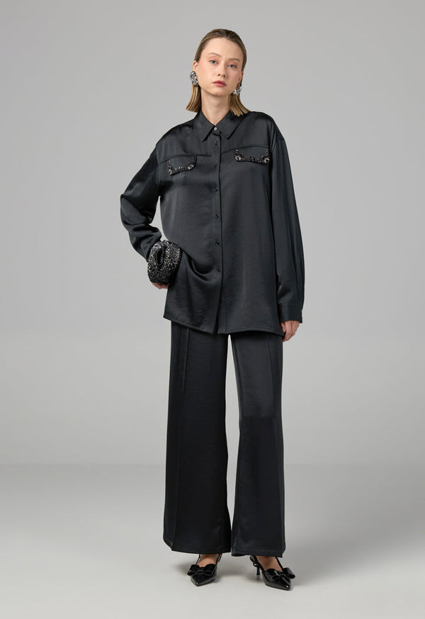 Choice Crystal Embellished Belted Shirt Black