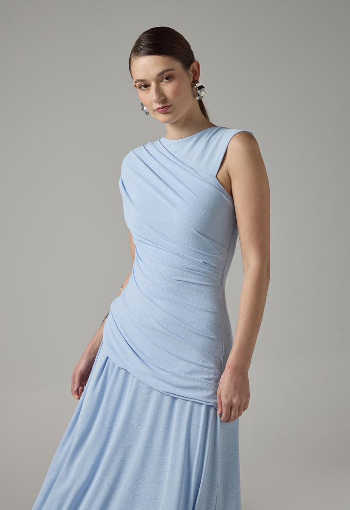 Choice Solid Knitted Pleated Dress Blue