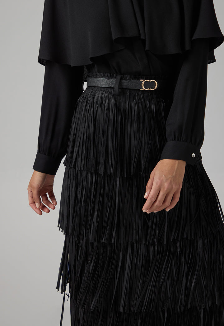 Choice Solid Pleated Fringe Maxi Skirt Black