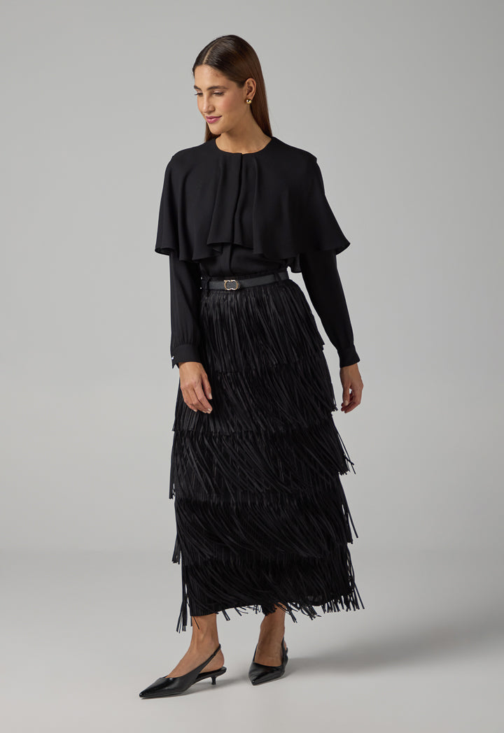 Choice Solid Pleated Fringe Maxi Skirt Black