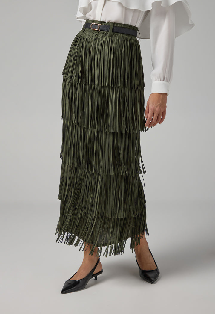 Choice Solid Pleated Fringe Maxi Skirt Khaki