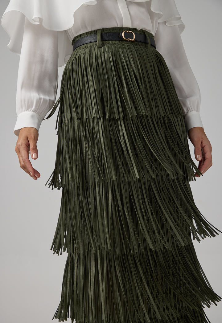 Choice Solid Pleated Fringe Maxi Skirt Khaki